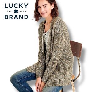 Lucky Brand Venice Marl Cotton Blend Cardigan Sweater Chunky Olive Multi | Sz S